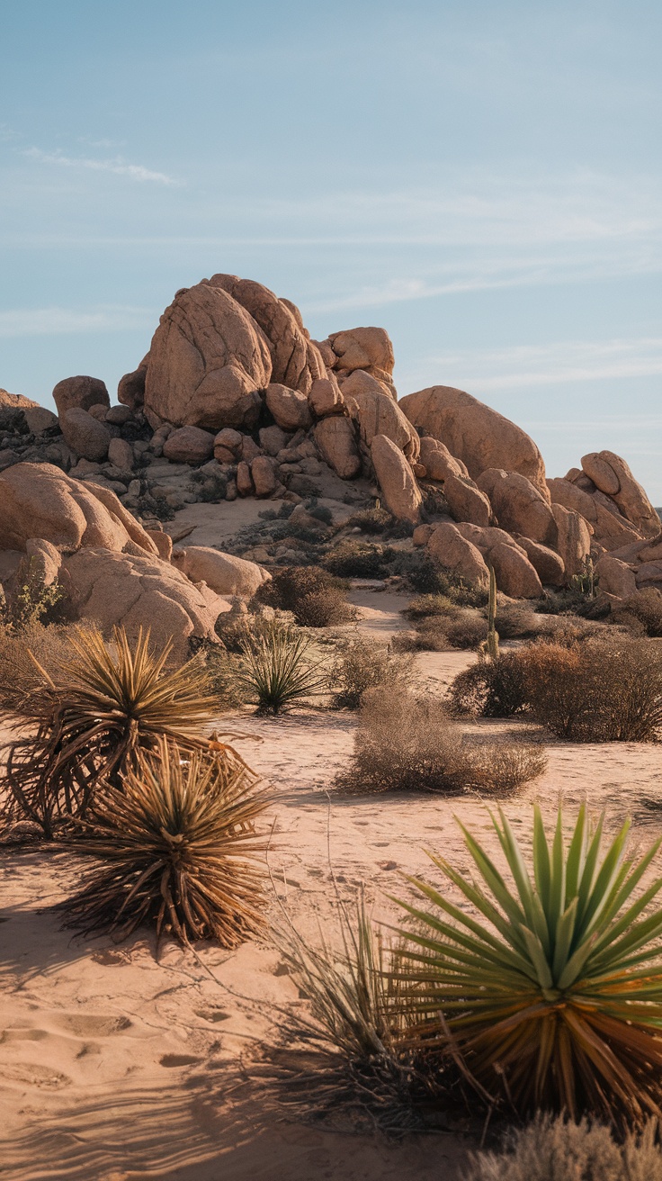 A desert landscape featuring large boulders and desert plants.