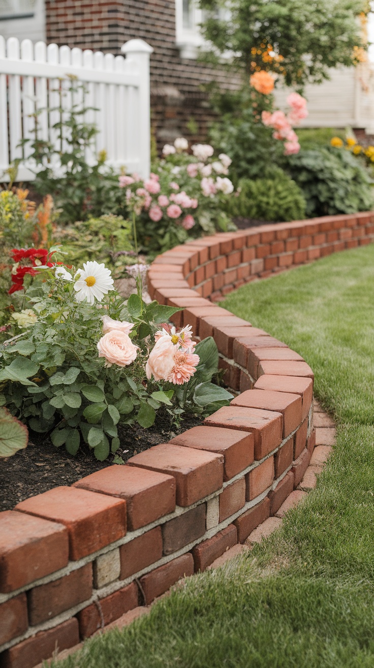 Curved brick border surrounding colorful flower bed