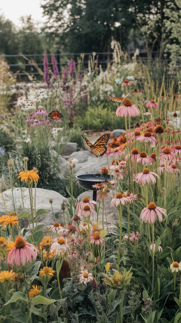 A colorful flower garden filled with butterflies, featuring yellow and pink blooms.