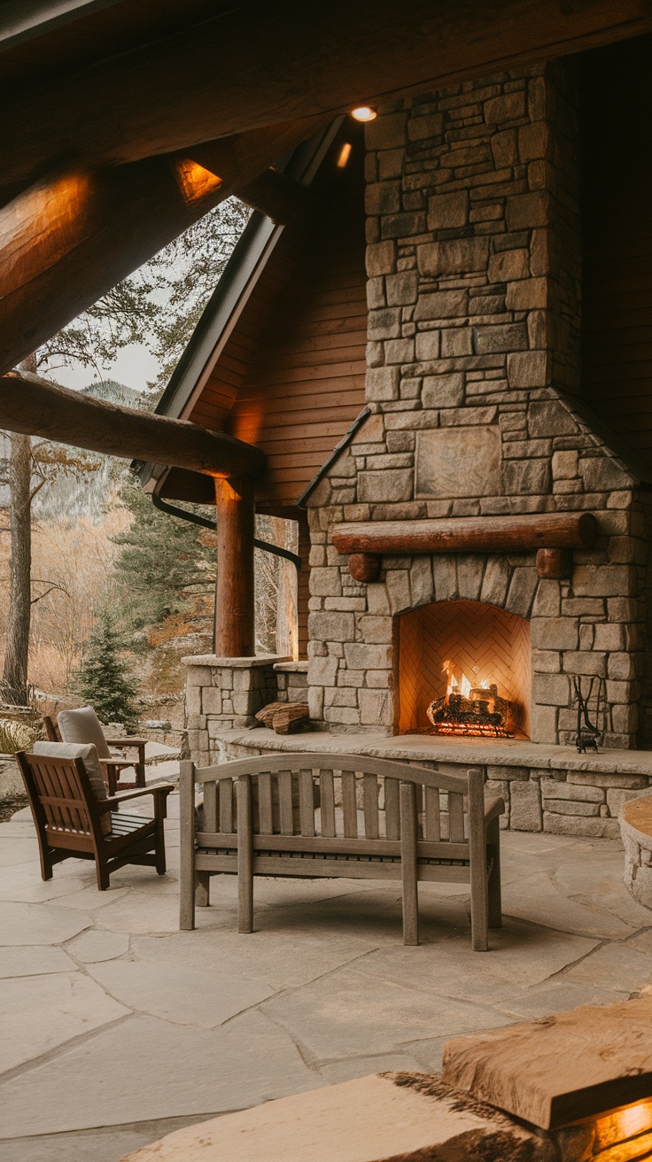 Cozy cabin-inspired patio with a stone fireplace, wooden seating, and natural stone flooring surrounded by trees.