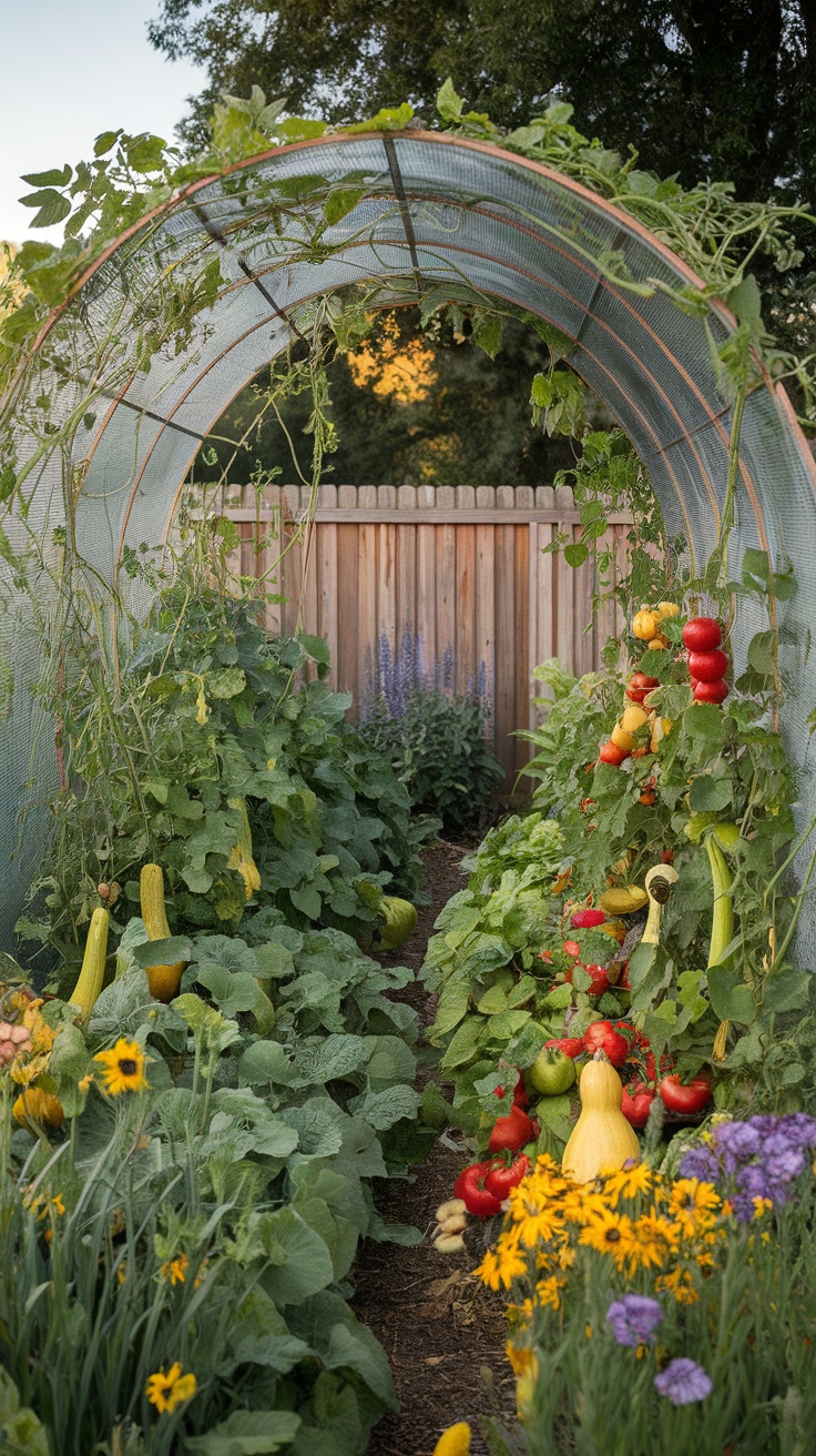 A garden tunnel trellis made from cattle panels, filled with lush vegetables and flowers.