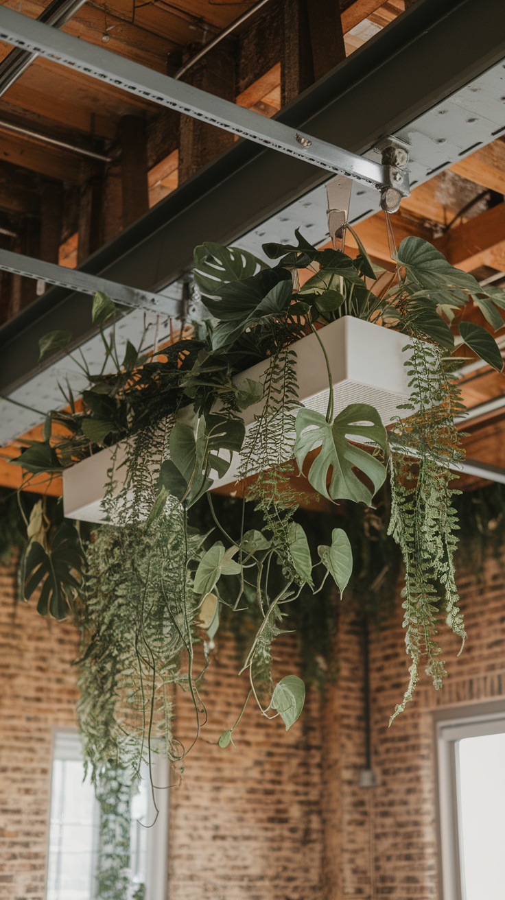 Ceiling-mounted hanging plant rail with various green plants