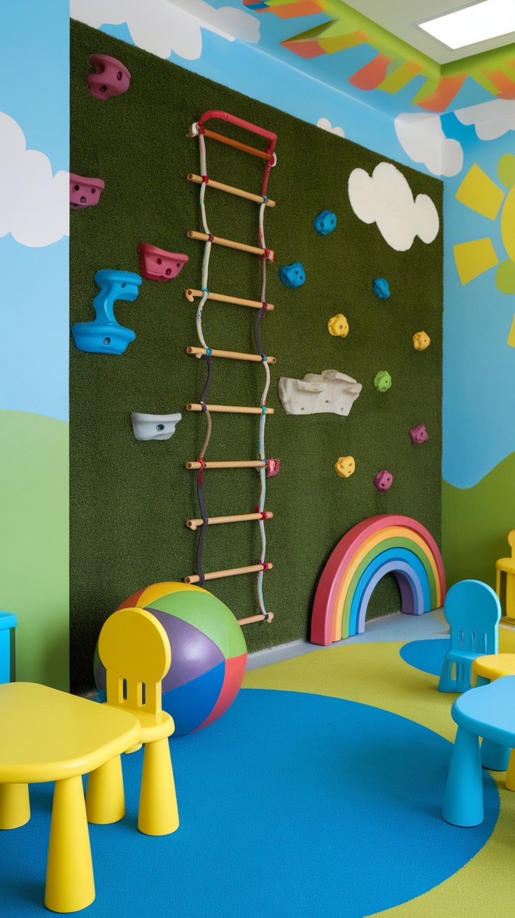 A colorful children's playroom featuring a grass wall with climbing holds and a ladder, playful furniture, and a rainbow arch.