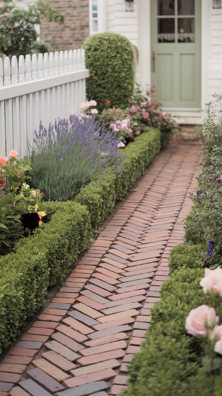 A classic brick walkway surrounded by hedges and flowers, leading to a door.