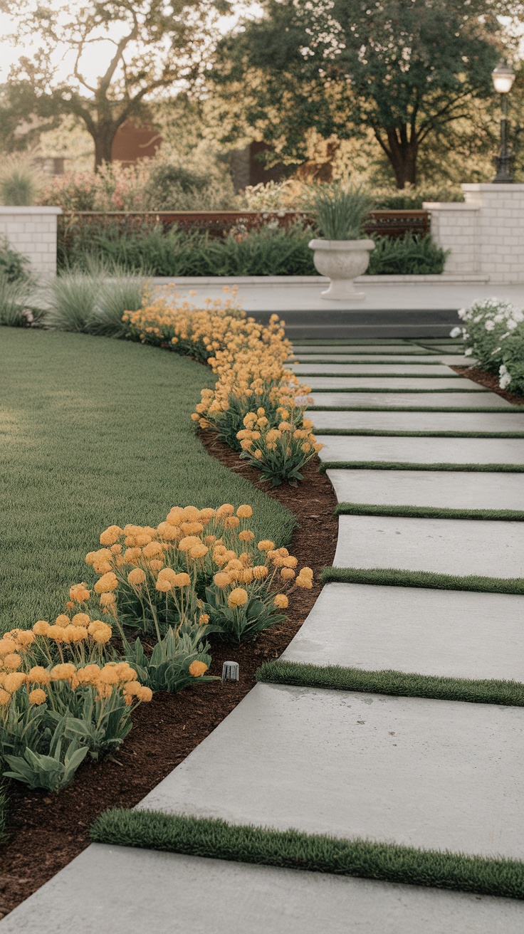 A beautifully landscaped garden with a curved concrete pathway bordered by yellow flowers.