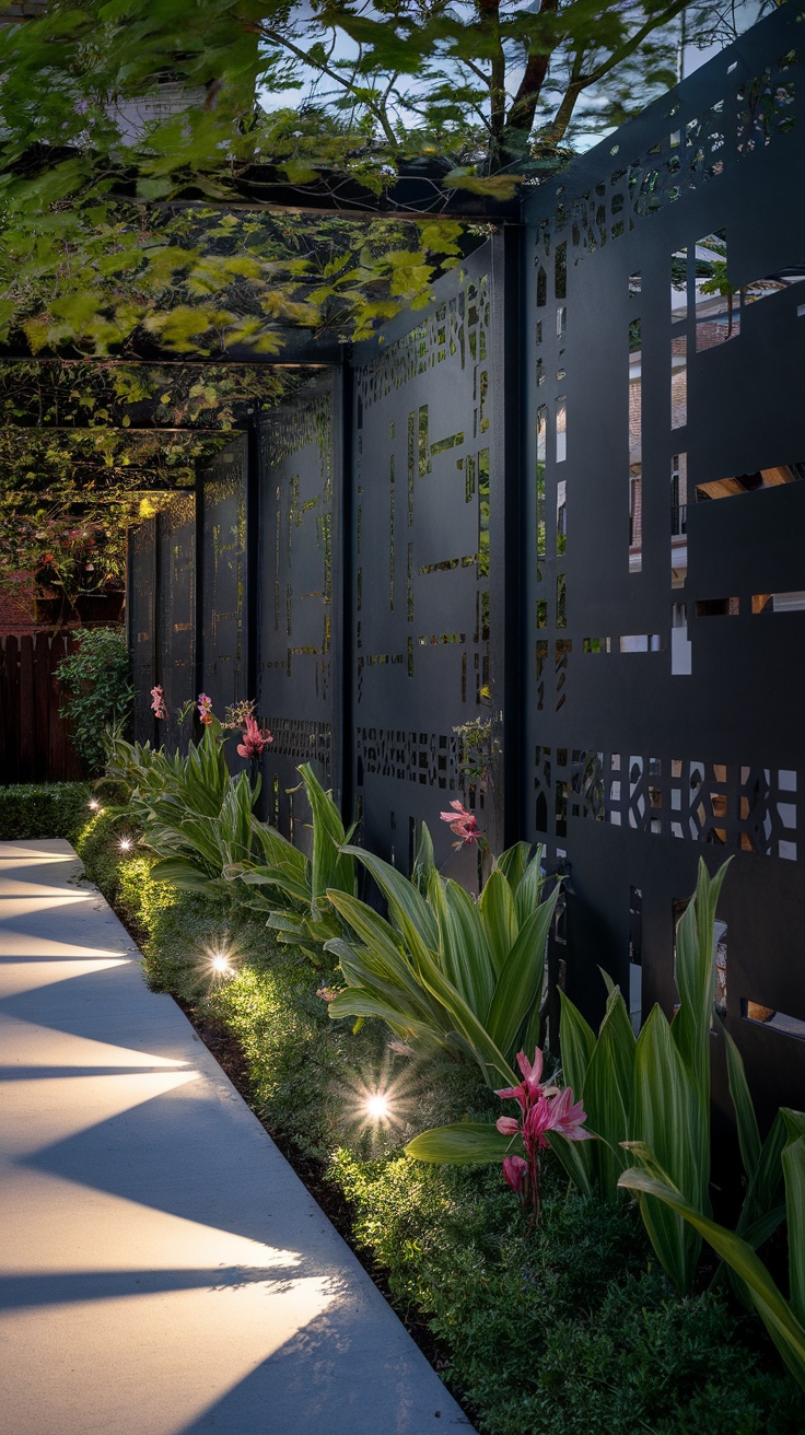 Modern metal screen fence in a side yard with flowers and soft lighting