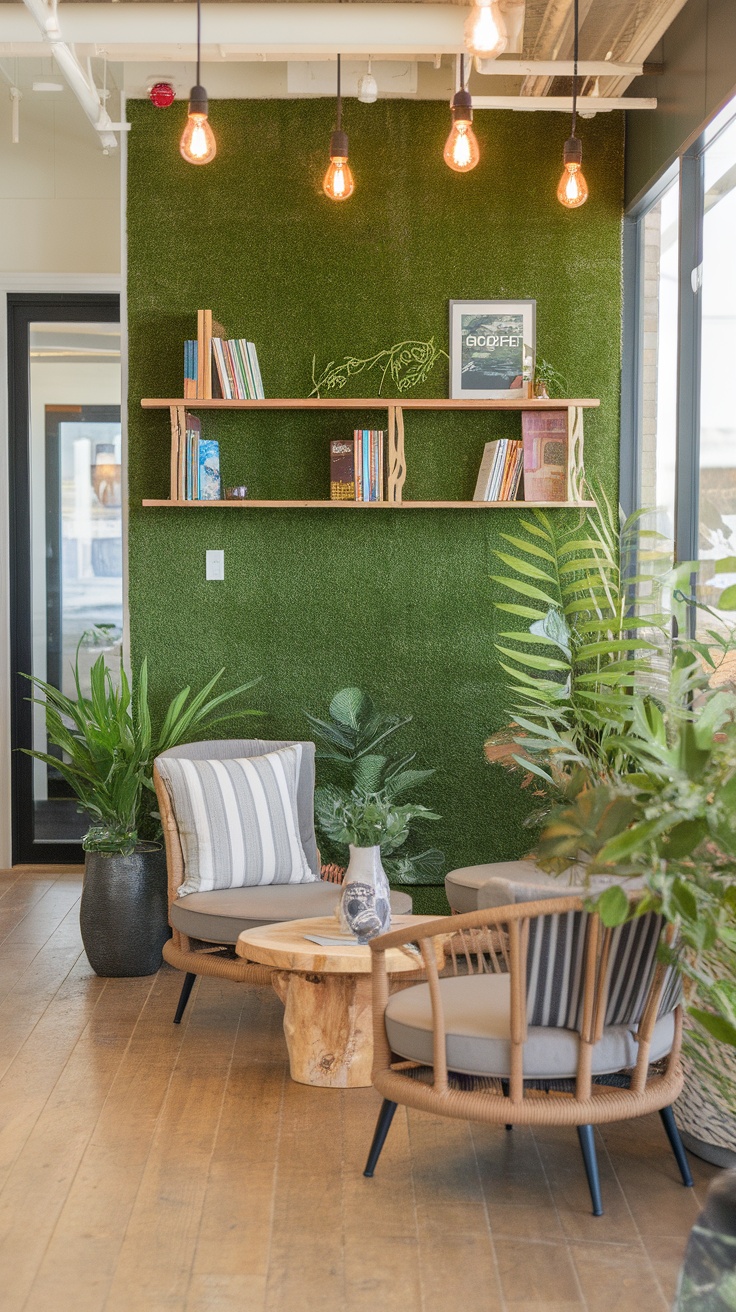 A corporate office break area featuring an artificial grass wall, cozy seating, and plants.