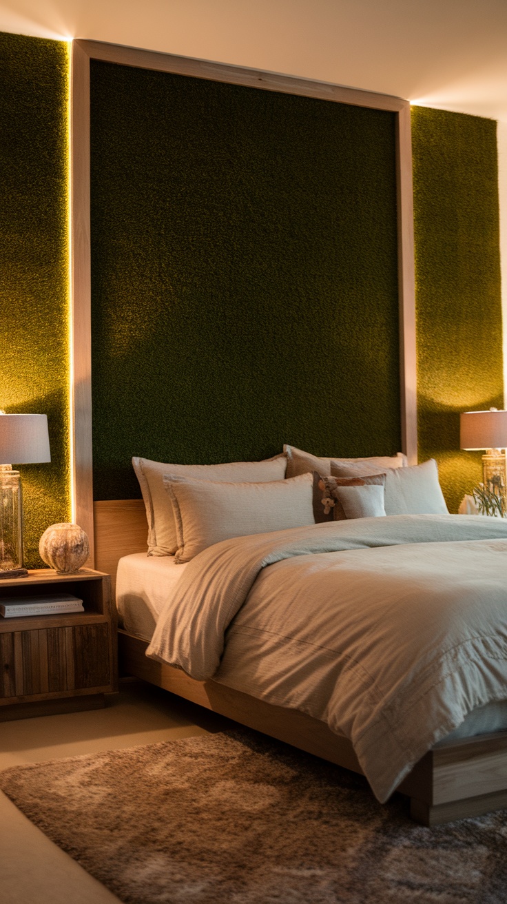 A cozy bedroom featuring a textured artificial grass wall, warm lighting, and natural decor.