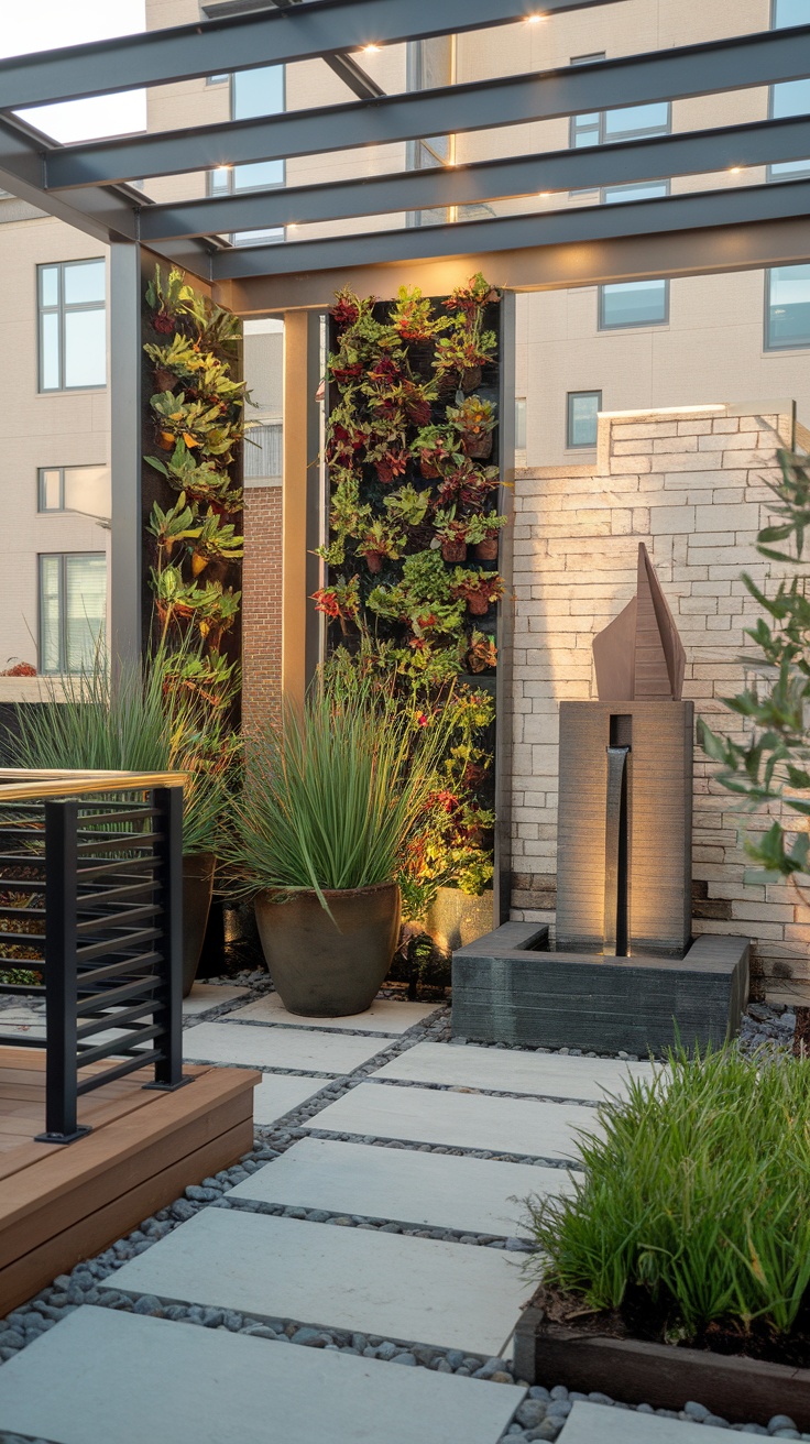 A modern courtyard-style front yard featuring a vertical garden, stone pathways, and a water feature.