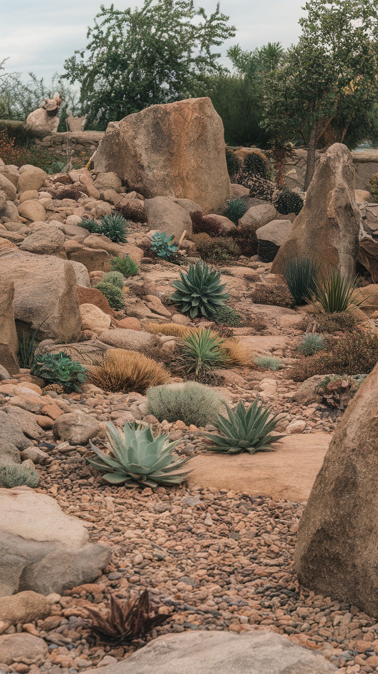 A rock garden with various boulder sizes and a mix of green plants.