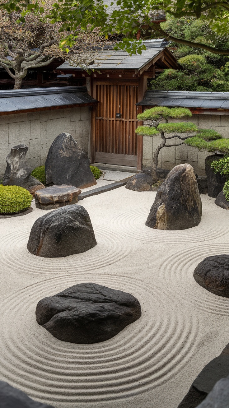 A serene Zen garden featuring boulders and raked sand