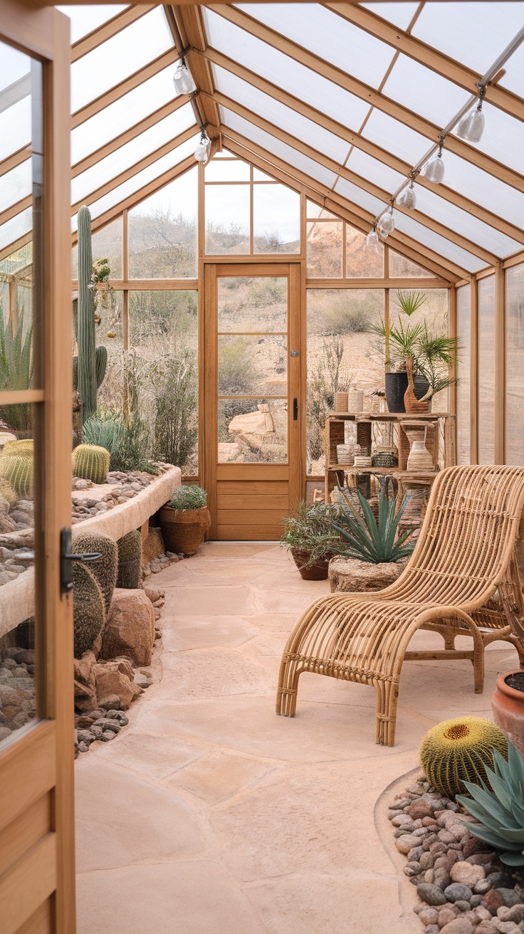 Interior view of a desert greenhouse featuring wooden structure, plants, and a cozy seating area.