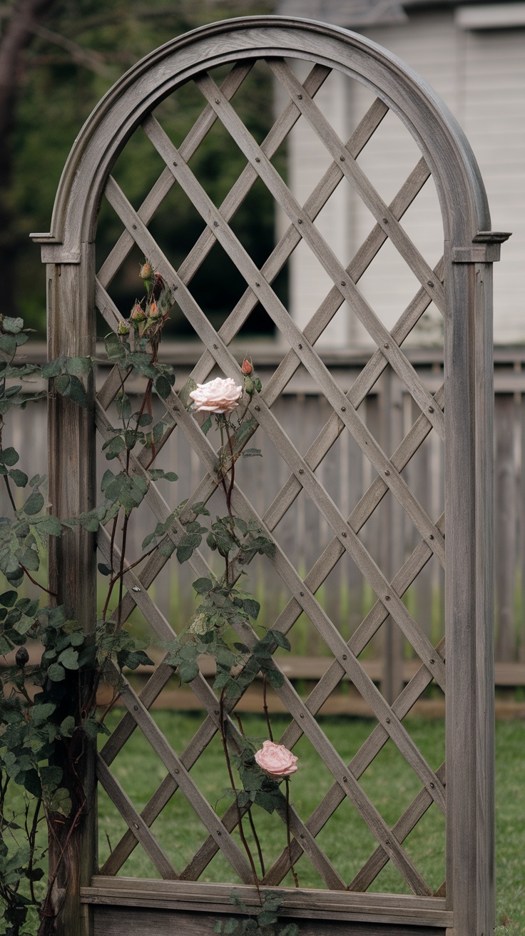 A wooden diamond lattice trellis adorned with climbing roses in a garden