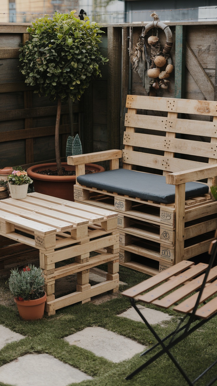 A small garden setup featuring DIY furniture made from wooden pallets, including a sofa and a table, surrounded by potted plants.