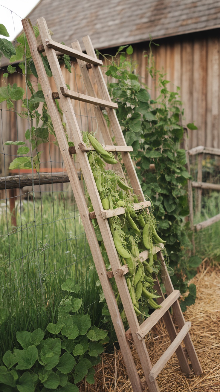 A wooden ladder trellis in a garden with climbing pea plants.