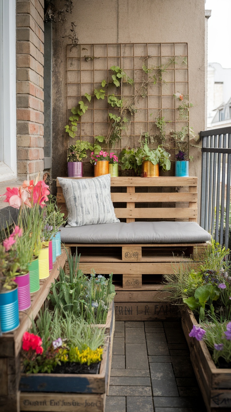 A cozy balcony garden with wooden pallets for seating, colorful tin can planters, and a trellis with climbing plants.