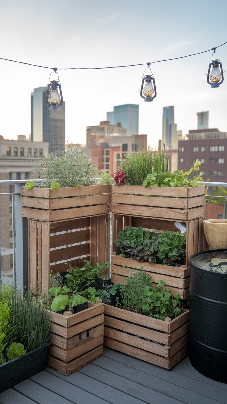 Eco-friendly balcony garden with wooden crates and hanging lanterns