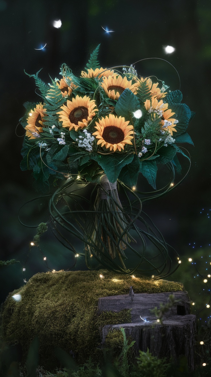 A bouquet of sunflowers with greenery and lights, set in an enchanted forest.