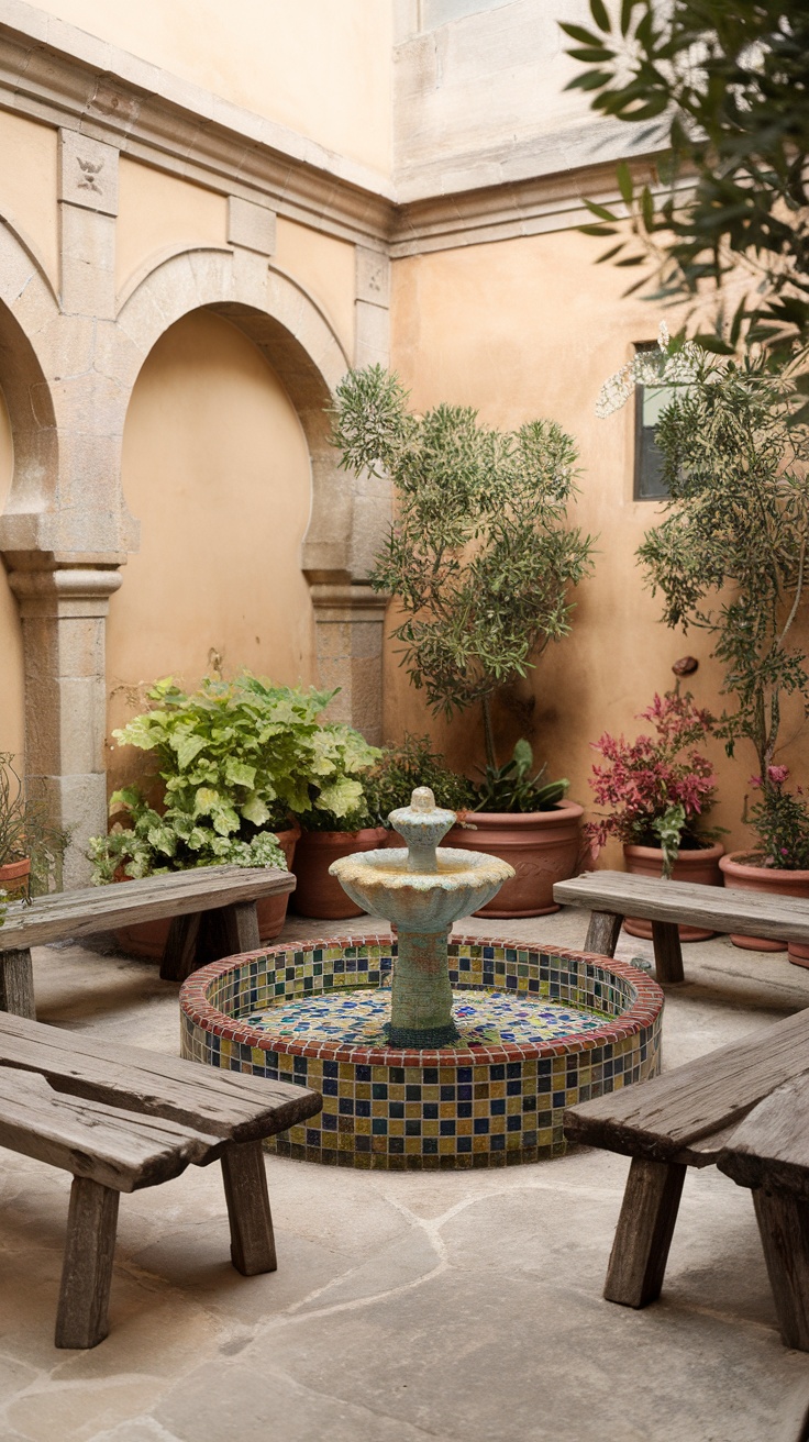 Enclosed courtyard with a mosaic fountain, surrounded by plants and wooden benches.