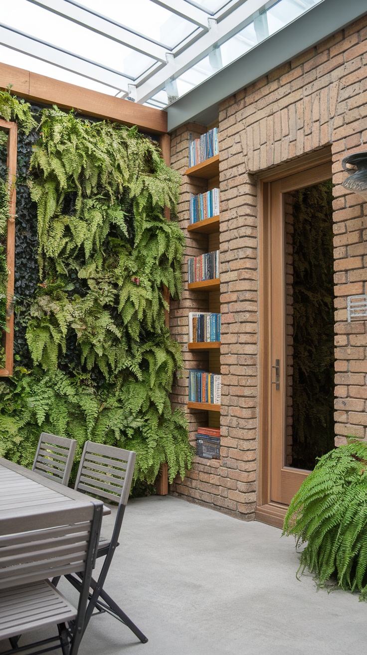 An enclosed patio featuring a vertical garden made of lush green plants against a brick wall, with a wooden table and shelves for books.