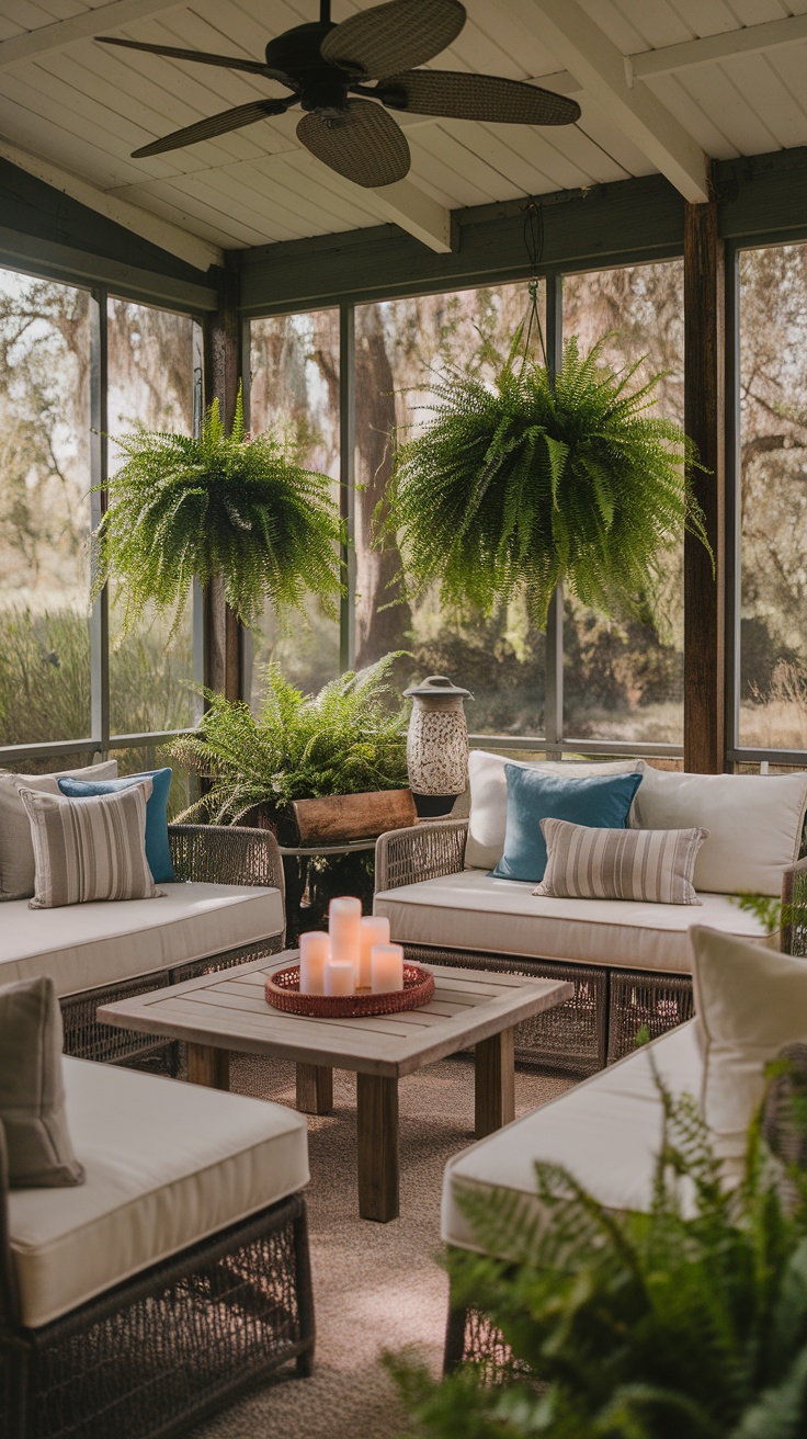 Cozy enclosed screened porch with comfortable seating and greenery