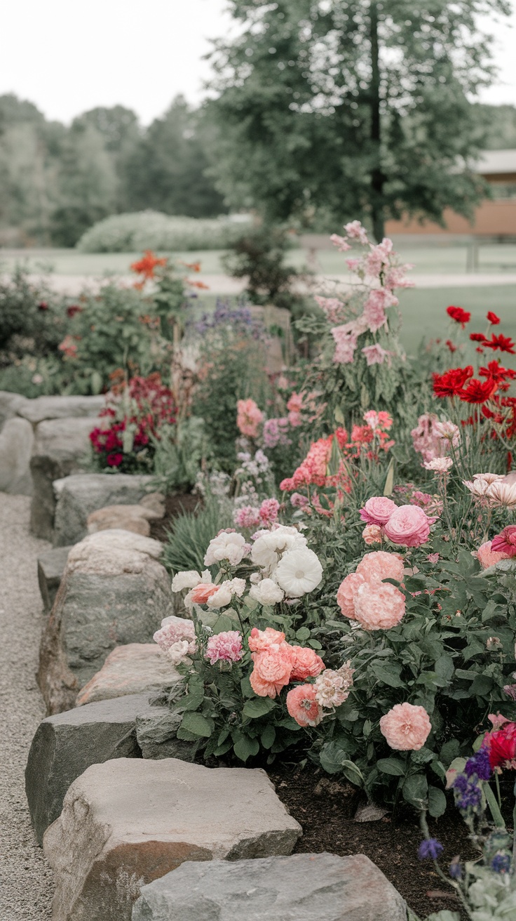 A garden bed with colorful flowers bordered by boulders.