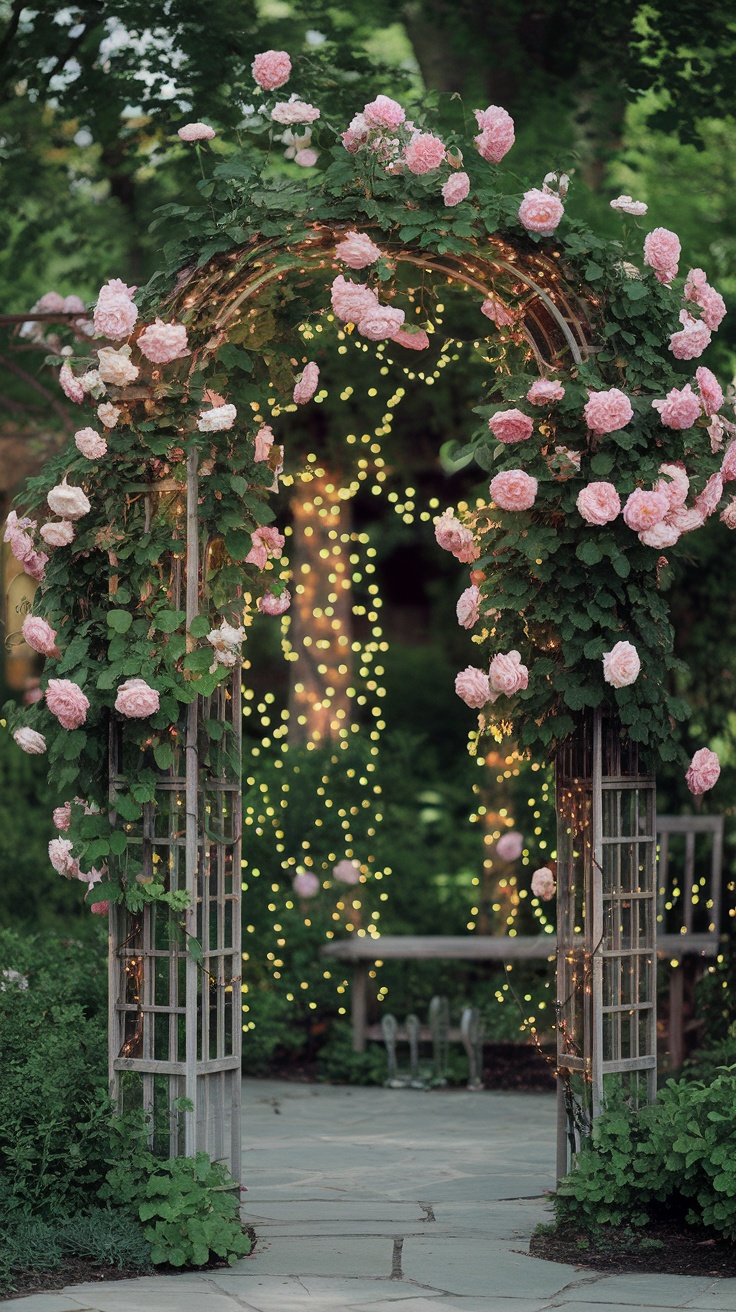 Garden trellis with pink roses and fairy lights