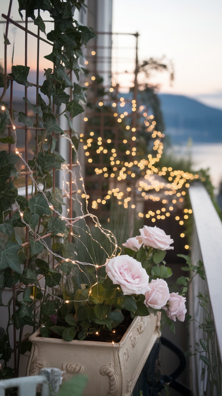 A charming balcony garden with pink roses, green vines, and fairy lights, creating a cozy and magical atmosphere.