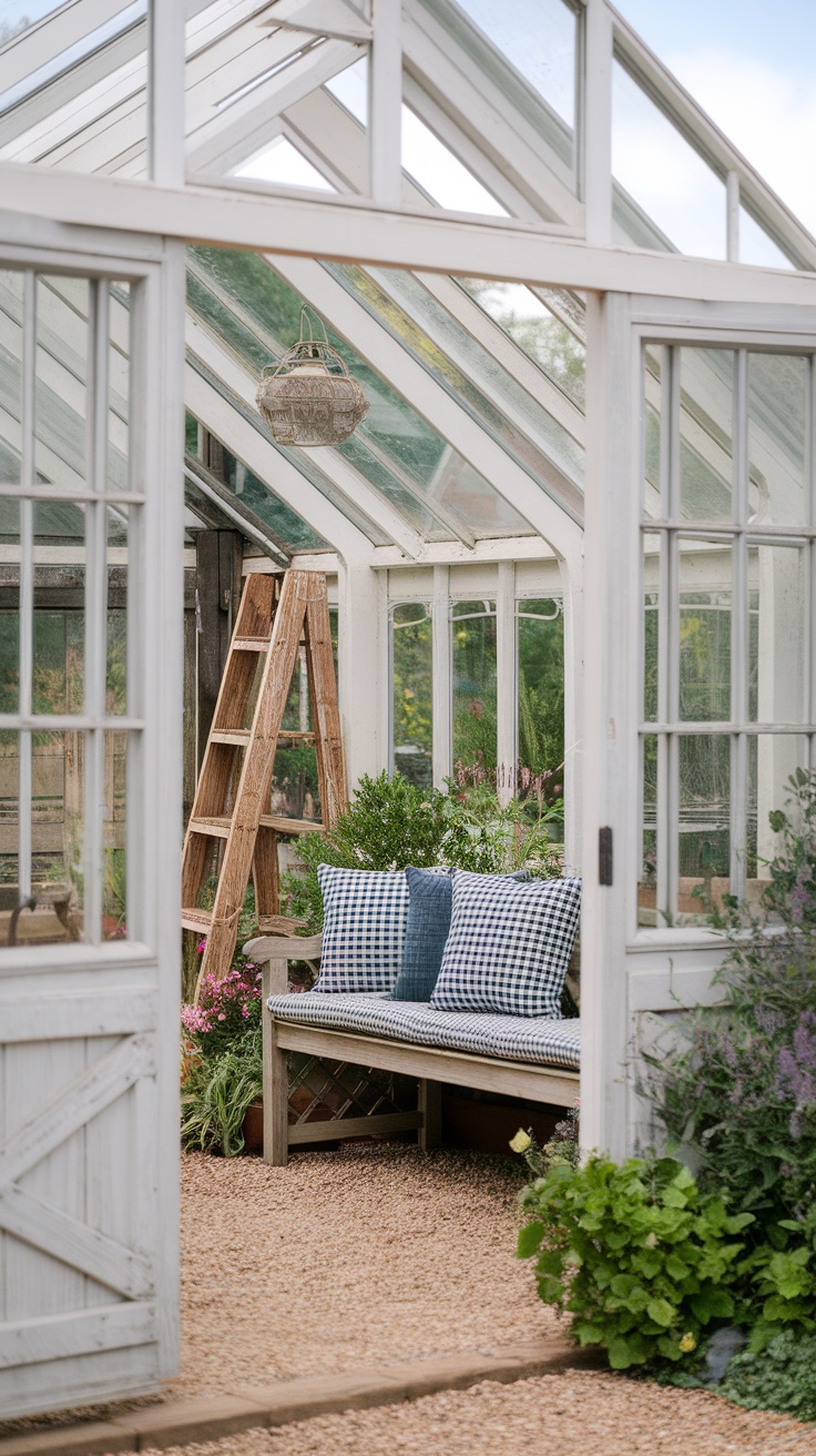 A beautiful farmhouse greenhouse with a wooden bench and green plants.