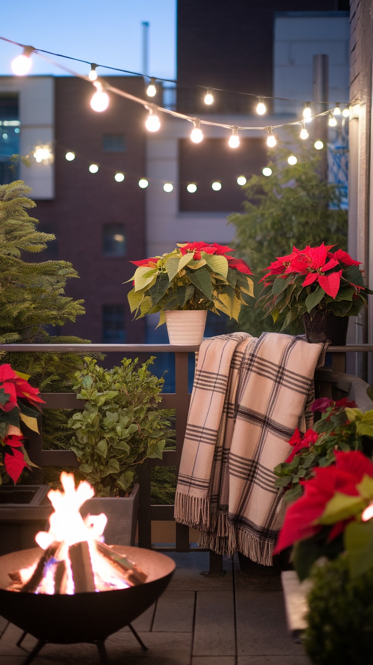 A festive balcony garden with poinsettias, string lights, a fire pit, and a cozy blanket.