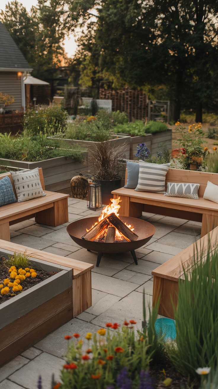 Cozy fire pit patio with built-in benches and flower beds surrounding the area