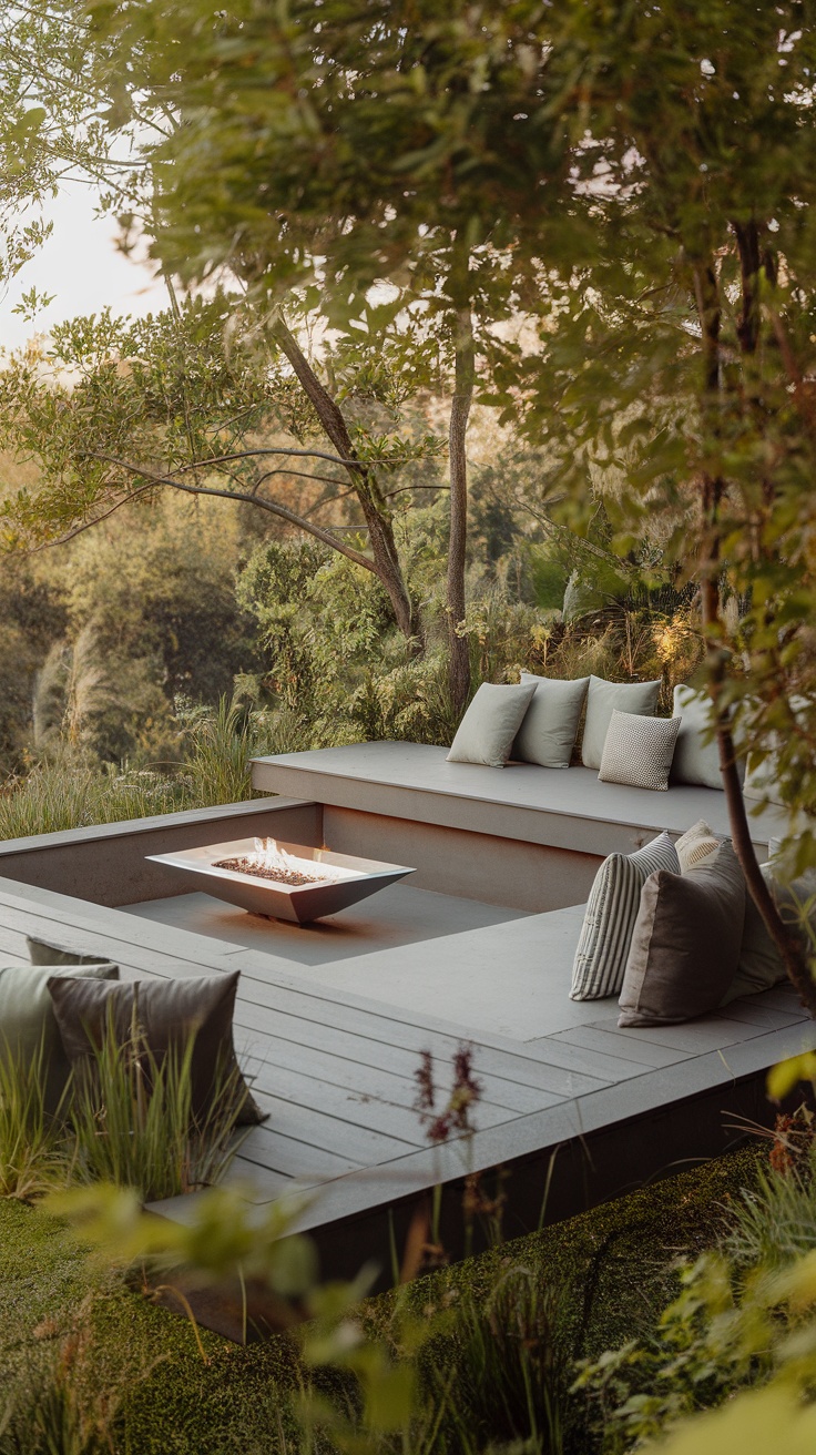 A floating deck patio with sunken seating, surrounded by greenery and featuring a central fire pit.