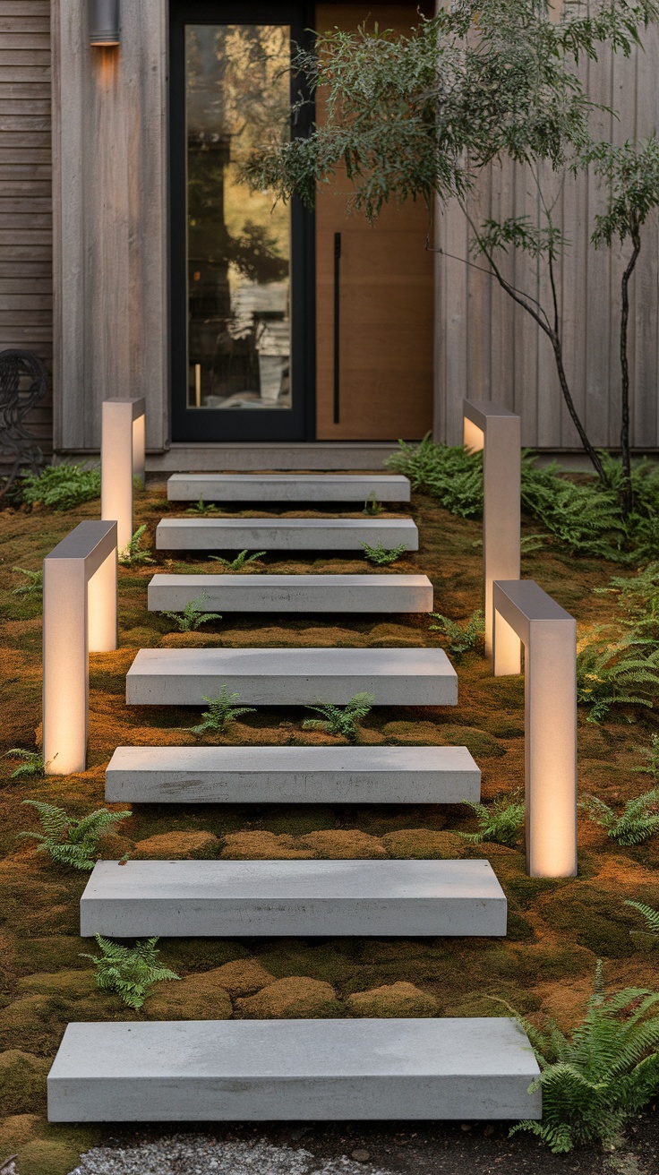 A modern front yard featuring floating concrete steps over lush greenery with soft lighting.