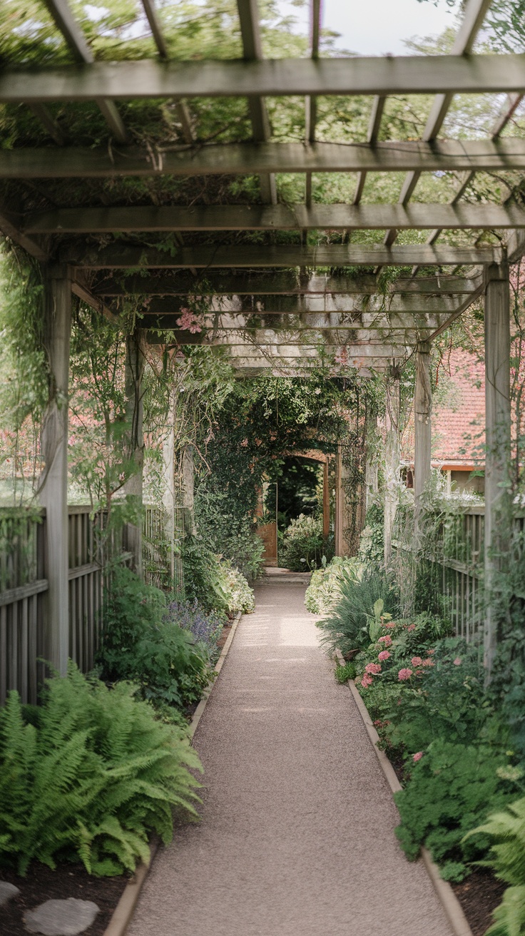 A floating wooden trellis arching over a gravel pathway, surrounded by lush greenery and blooming flowers.