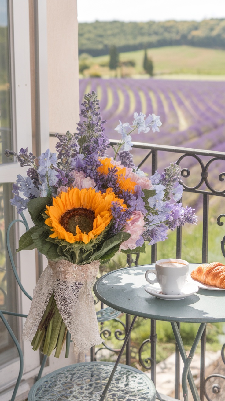 A beautiful sunflower bouquet with purple flowers on a table with a cup of coffee and croissant, overlooking a lavender field.