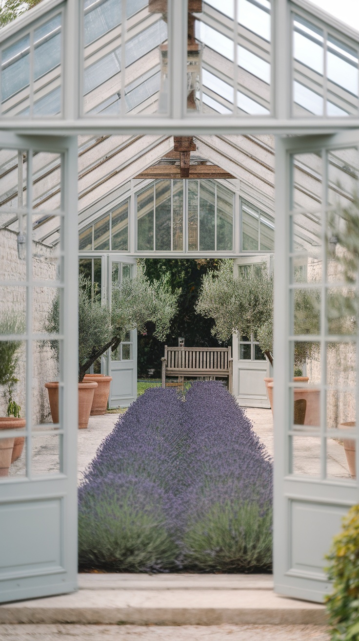 Interior of a French country glasshouse with lavender and olive trees