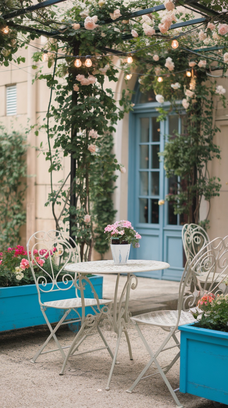 A cozy bistro patio with a round table, metal chairs, colorful flower planters, and string lights overhead.