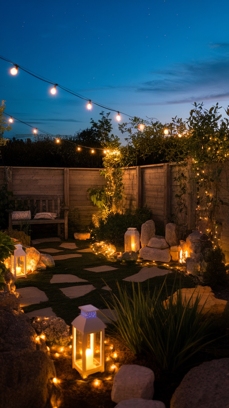 A cozy garden lit with string lights and lanterns at dusk, featuring a stone pathway and lush greenery.