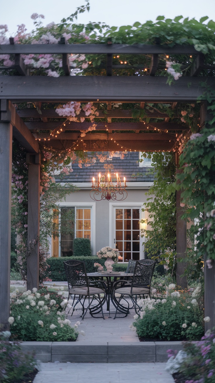 A beautiful garden pergola with floral decorations and a dining set.