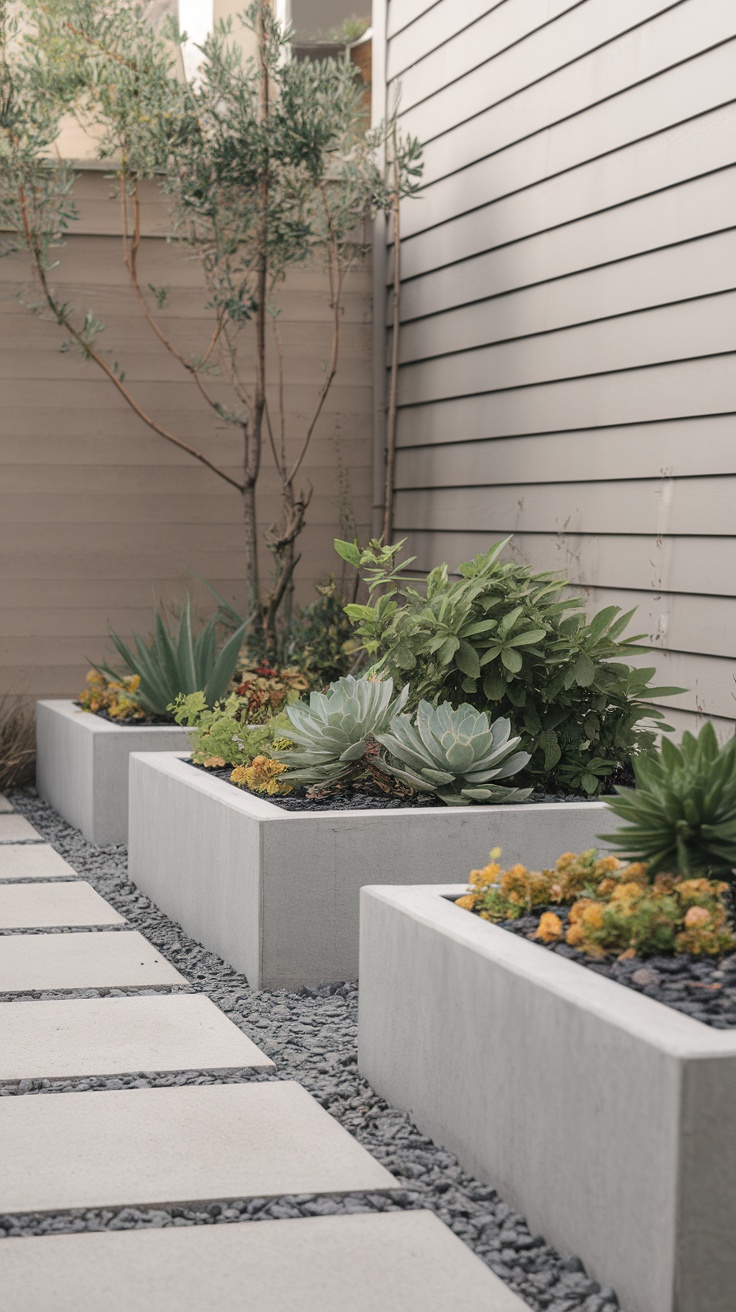 A side yard with a gravel path and modern raised planters filled with plants.