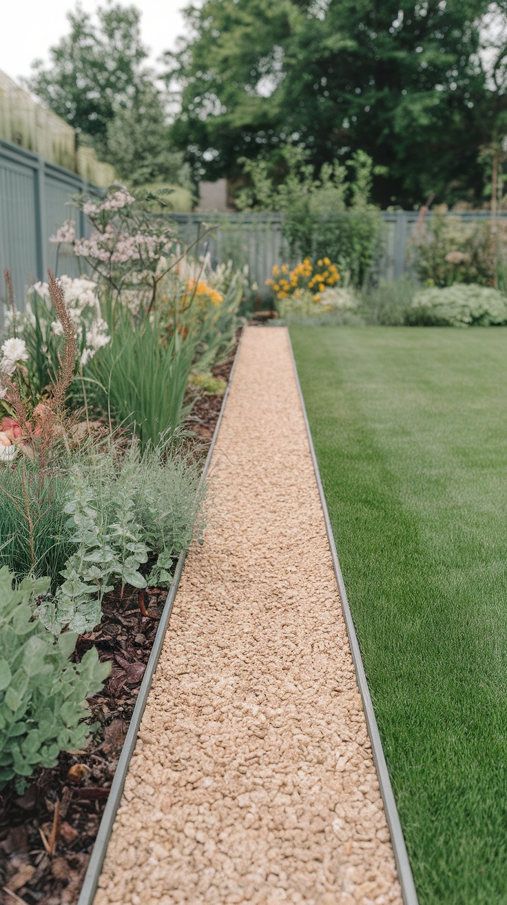 A gravel strip bordered by colorful flowers and green plants in a well-maintained garden.