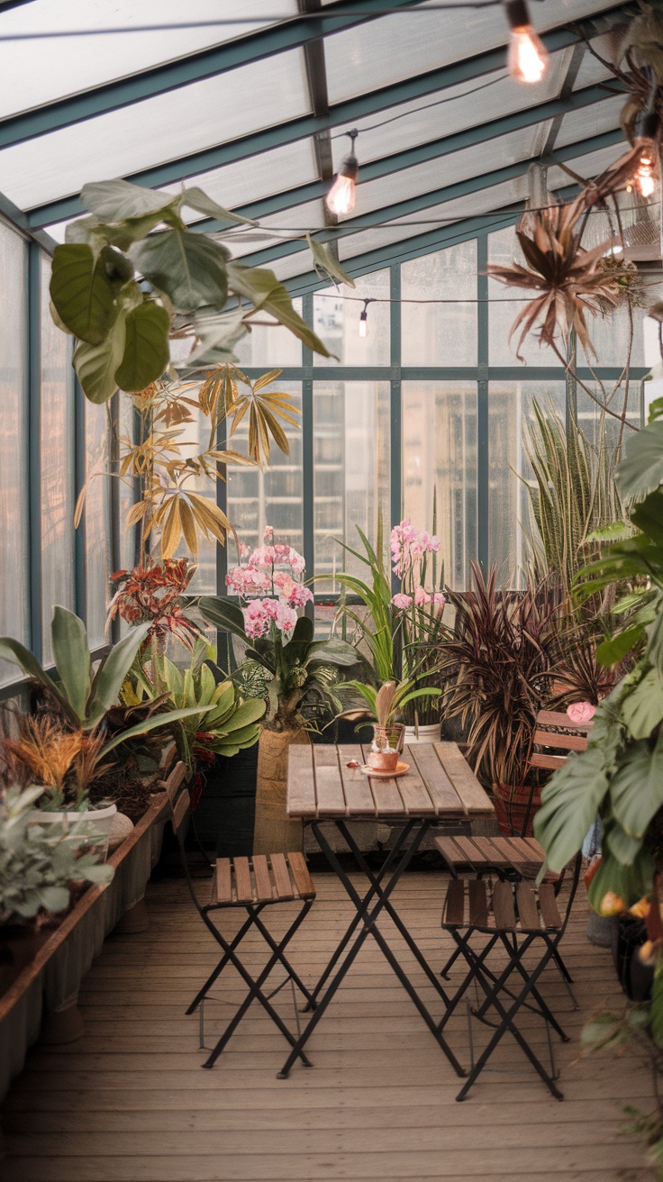 A cozy greenhouse-style balcony filled with various plants and seating.