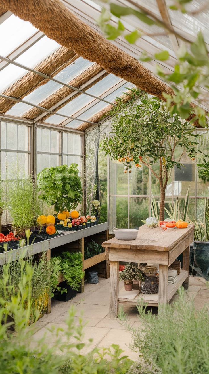 A greenhouse kitchen garden filled with various plants and vegetables.