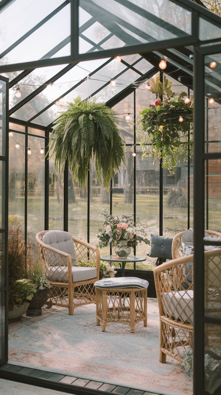 Cozy greenhouse patio with rattan chairs and hanging plants