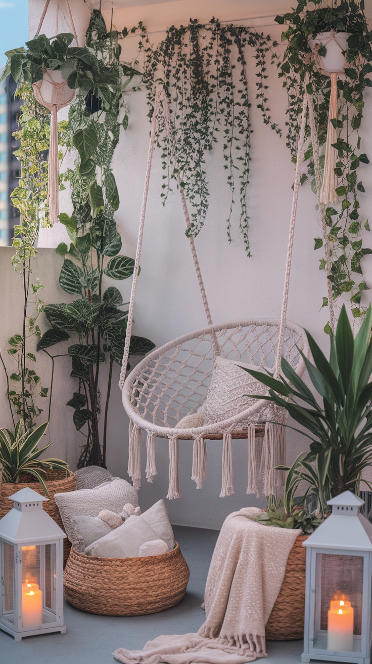 A cozy balcony featuring a hanging swing surrounded by greenery and decorative lanterns.