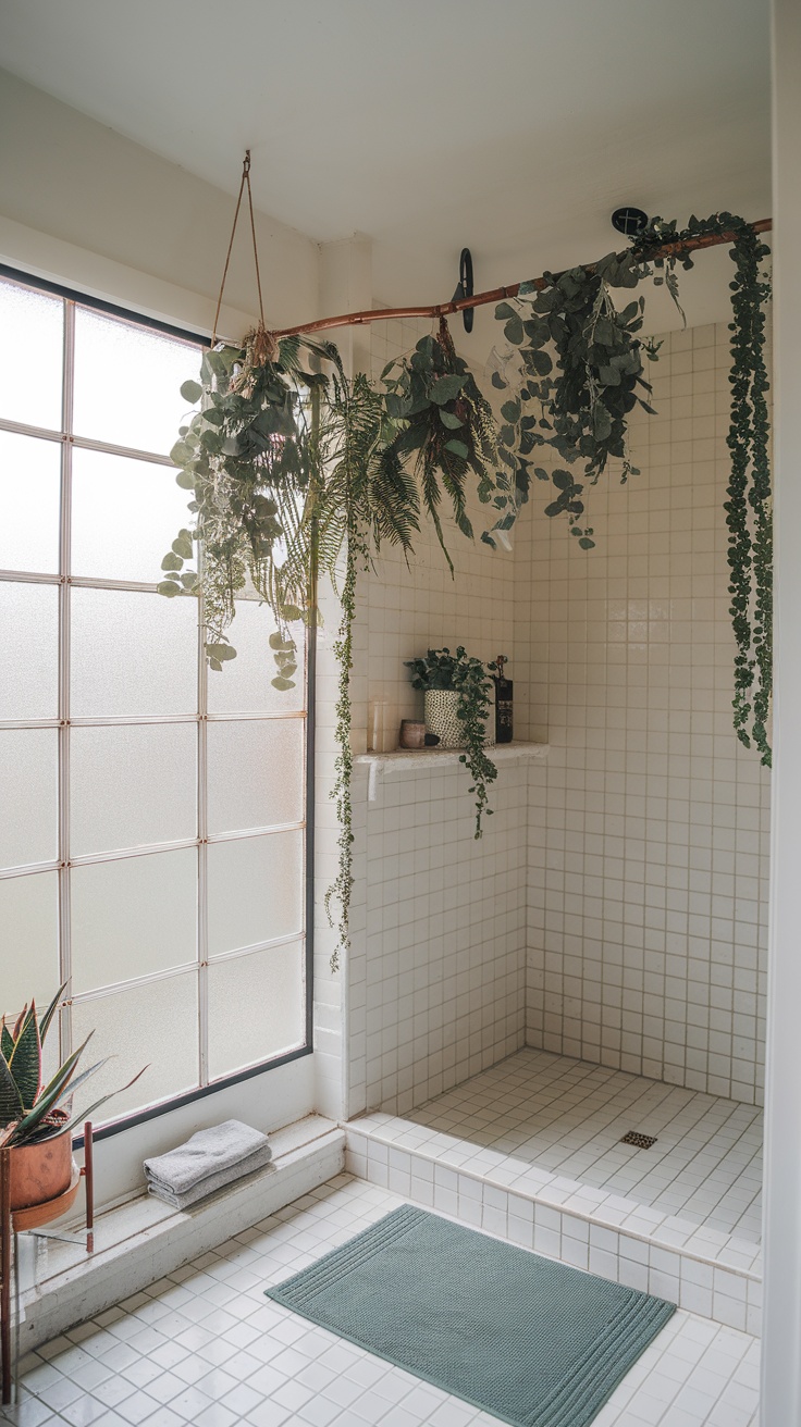 A bright bathroom featuring hanging plants, a large window, and a clean tiled shower area.