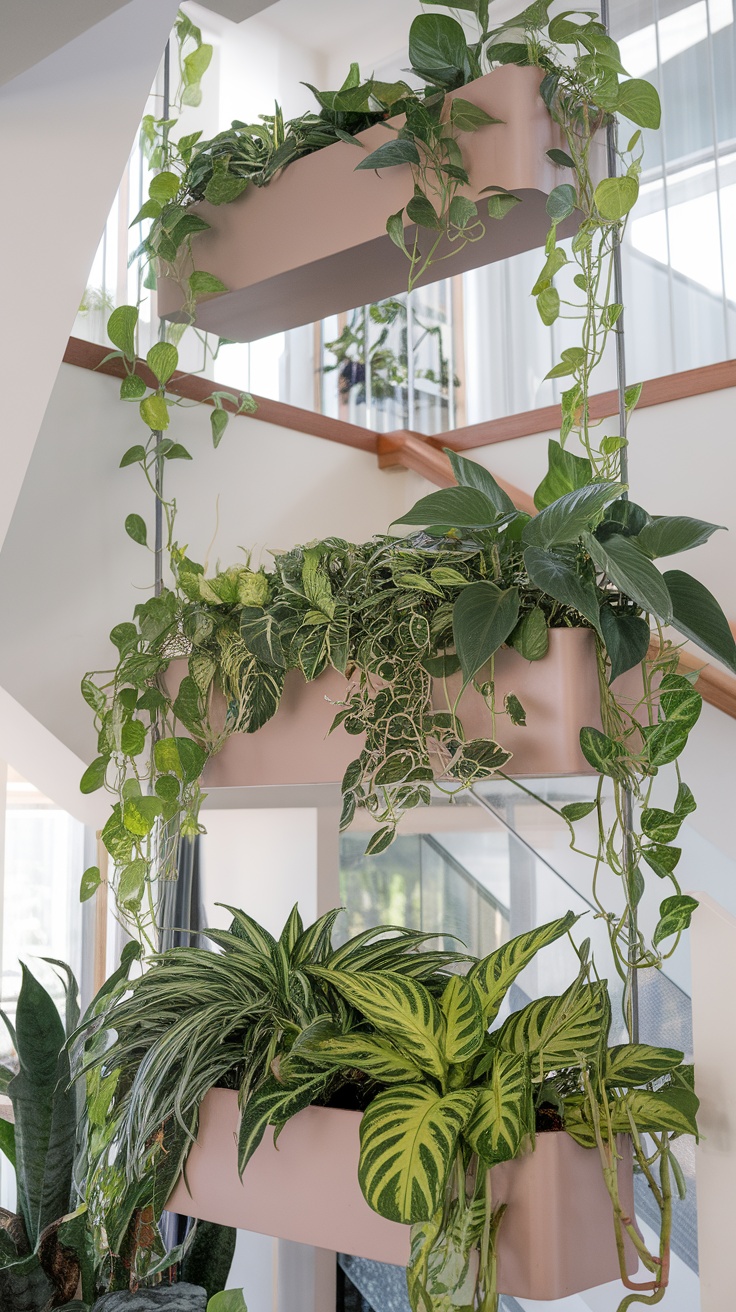 Hanging plants in a stairwell with multiple planters displaying various green plants