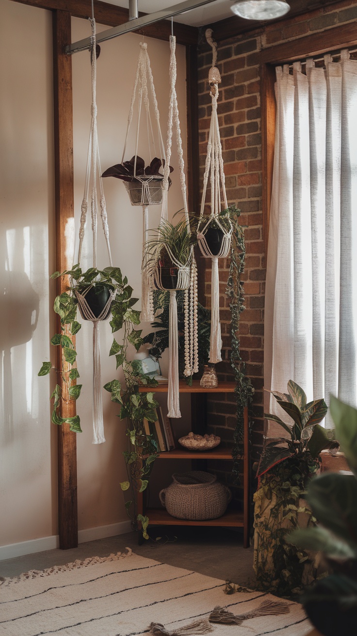 Indoor space featuring hanging plants in macrame holders with a cozy decor.