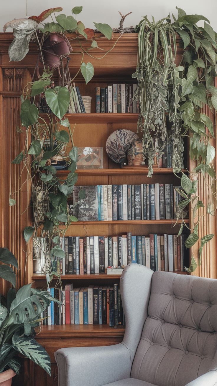 A wooden bookshelf filled with books and hanging plants, creating a cozy reading space.