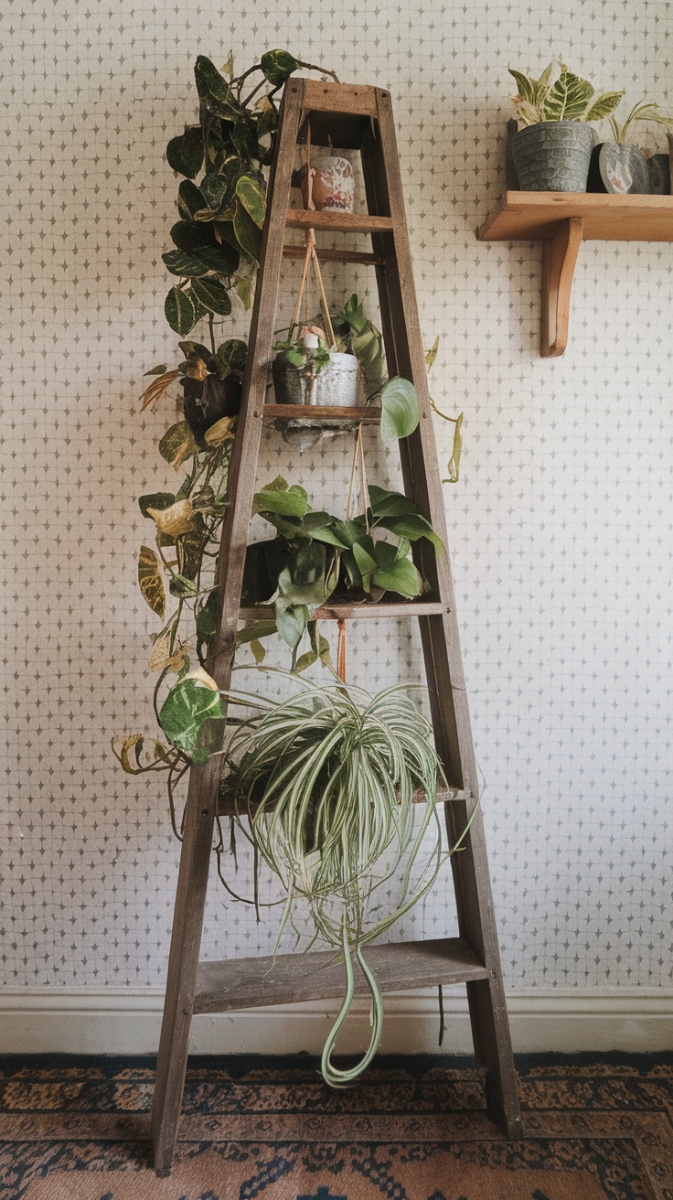 A wooden ladder rack with various hanging plants and pots, set against a patterned wallpaper.